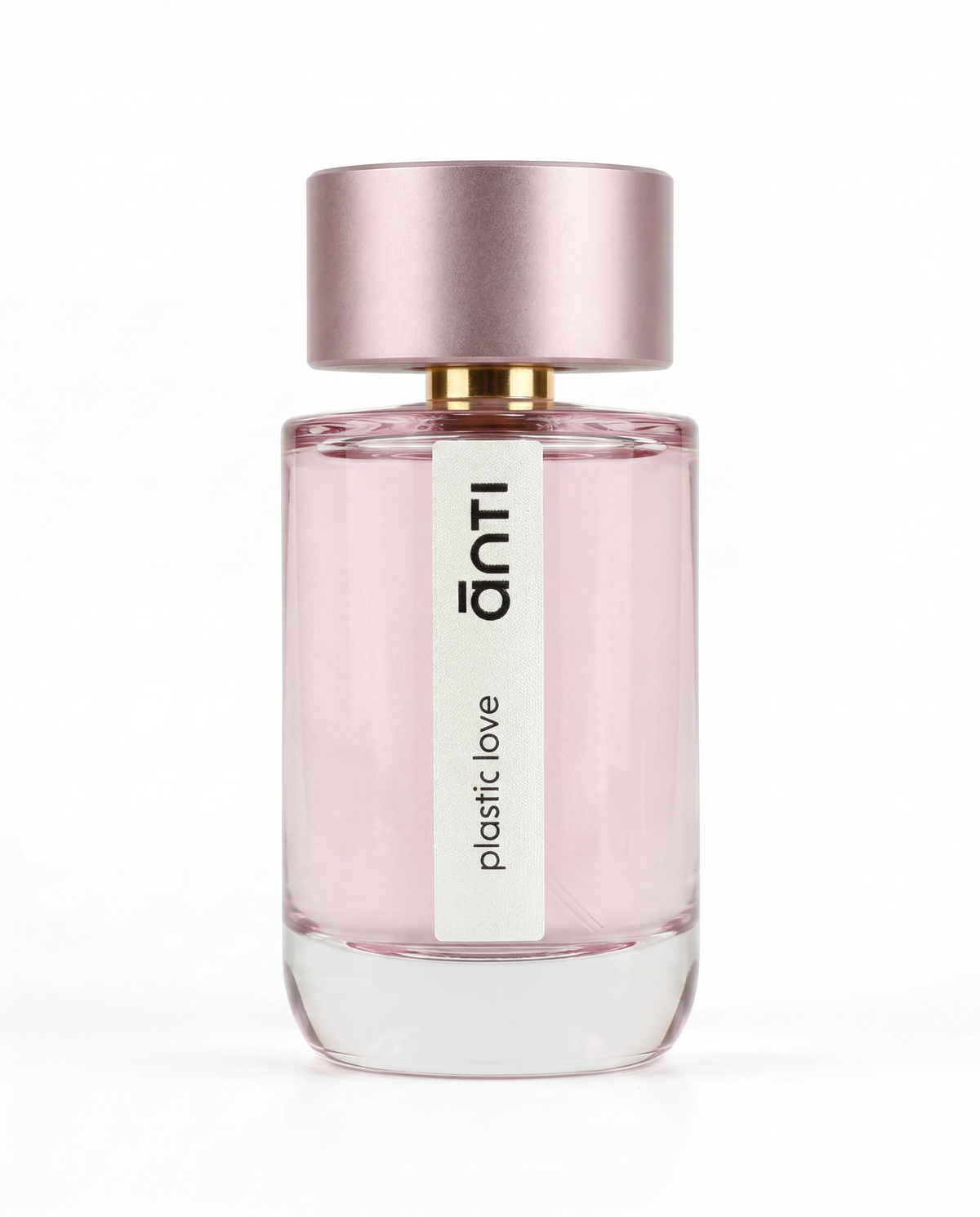 plastic love by ānti, a pink ombré 100ml fragrance bottle photographed straight on against a white background