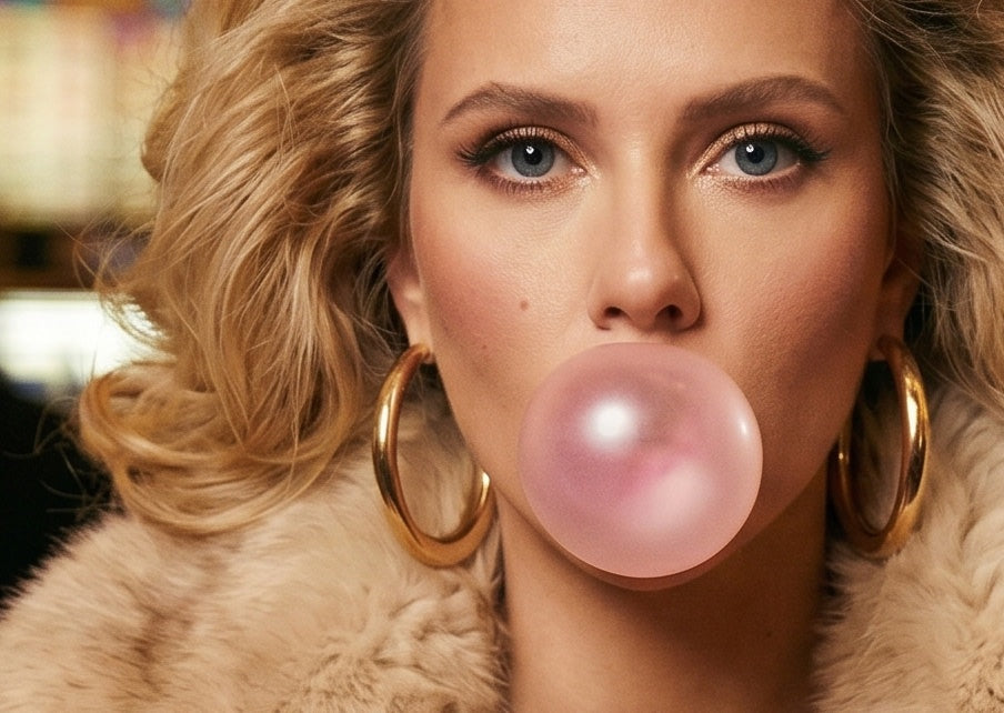 plastic love campaign image — a model in a fur coat and gold hoop earrings blowing a pink bubblegum bubble